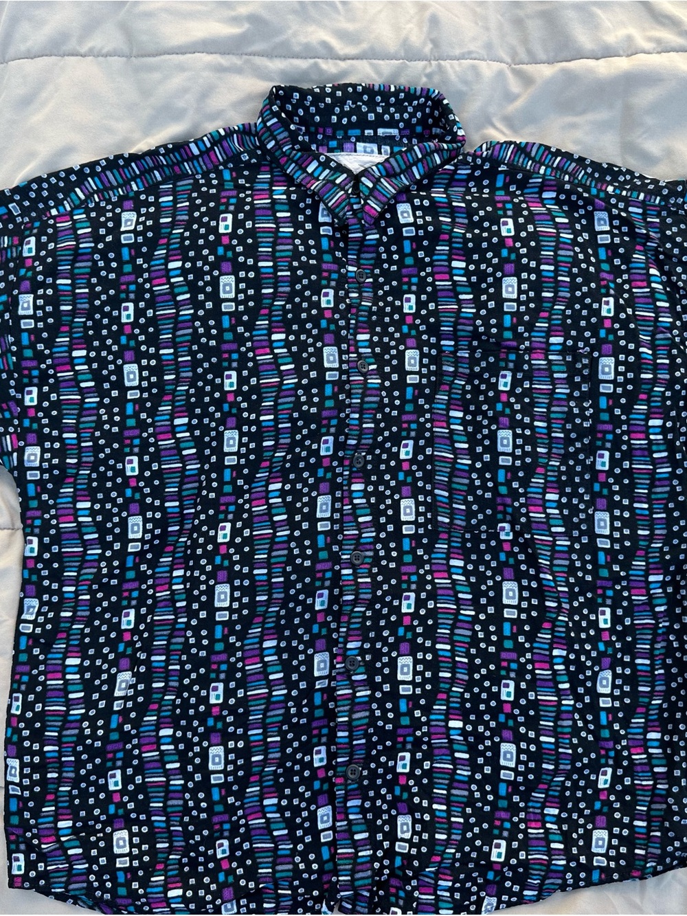 Men's Casual Black Geometric-Striped Button-Down Shirt